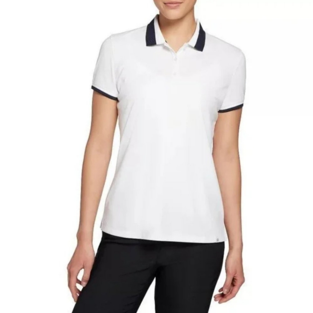 EUC Lady Hagen Womens Pique Rib Trim Short Sleeve Golf Polo Size Small (WHT/BLK)
